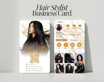 Cyfrowy szablon wizytówki Instagram dla fryzjerów edytowalny w Canva Salon Card z kodem QR Branding w mediach społecznościowych fryzjera
