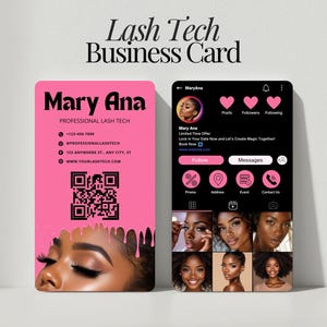 Puede incluir: Una tarjeta de visita rosa y una pantalla de teléfono que muestra la información de una técnica de pestañas. La tarjeta presenta el texto "Mary Ana, Professional Lash Tech" y los datos de contacto. La pantalla del teléfono muestra un perfil con una foto e iconos de redes sociales.