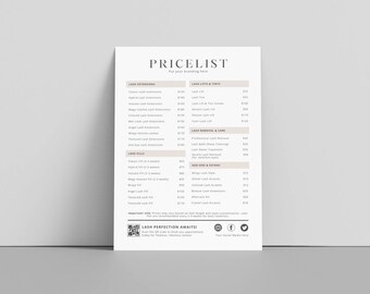 Plantilla de lista de precios bohemia editable de Lash Tech, letrero de pago QR, guía de precios imprimible, hoja de precios editable, plantilla de lista de precios de bricolaje para salón