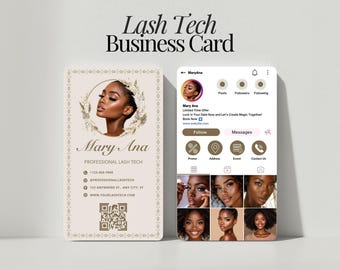 May include: A business card and a phone screen mockup for a lash tech. The card features a portrait of a woman, the name "Mary Ana", and contact information. The phone screen displays a social media profile with photos and contact options.