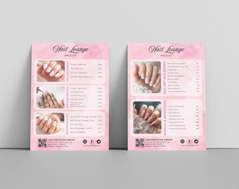 May include: Two pink flyers with the text "Nail Lounge Pricelist" and images of manicured nails. The flyers list various nail services, including manicures, pedicures, and acrylic extensions. The flyers have a watercolor-style background.