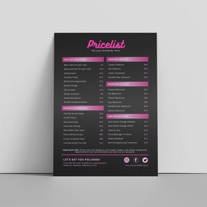 編集可能なピンクのネイルテック価格表テンプレート、QRコード決済サイン付き、DIYサロンサービスメニューの印刷可能な価格ガイド、デジタルダウンロード