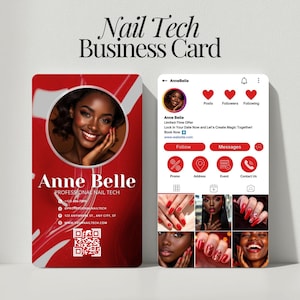 Modèle numérique de carte de visite Instagram pour Nail Tech, modèle DIY, carte modifiable en toile avec code QR, image de marque pour les professionnels des ongles
