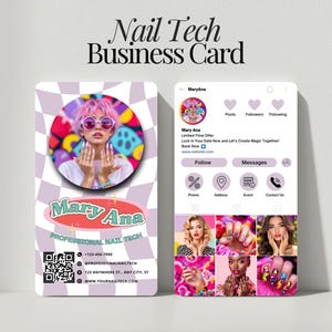 Modèle de carte de visite technique pour ongles Canva Carte modifiable pour salon de manucure design Instagram avec code QR téléchargement numérique de marque pour technicienne en ongles