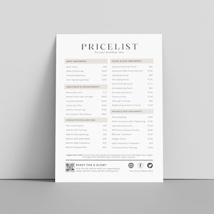 Esthetician Editable Boho Pricelist Template QR Payment Sign Printable Price Guide Editable Pricing Sheet Salon DIY price listed template
