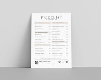 Plantilla de lista de precios bohemia editable para esteticista, letrero de pago QR, guía de precios imprimible, hoja de precios editable, plantilla de lista de precios de bricolaje para salón