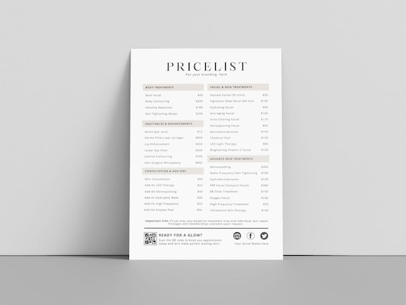 Esthetician Editable Boho Pricelist Template QR Payment Sign Printable Price Guide Editable Pricing Sheet Salon DIY price listed template