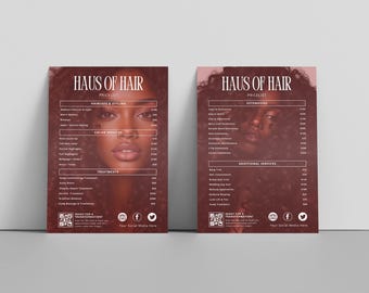 May include: Two maroon-colored Haus of Hair pricelist flyers. The flyers list services for haircuts, styling, color, extensions, and additional services. The flyers feature a woman with curly hair.