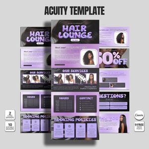 May include: A collection of digital marketing templates for a hair salon, featuring a purple and black color scheme. The templates include promotional banners, service details, booking policies, and contact information. The text "HAIR LOUNGE" is prominently displayed.