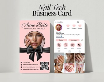 Bewerkbare Instagram Nail Tech-visitekaartjesjabloon Canva-ontwerp met QR-code Salonmarketingkaart voor nagelstylisteprofessionals
