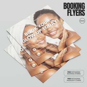 Op de afbeelding: Een stapel vierkante flyers met de tekst "BOOK YOUR GLOW UP TODAY!" en afbeeldingen van lachende vrouwen. De flyers bevatten ook contactgegevens en social media handles. De woorden "BOOKING FLYERS" staan bovenaan.