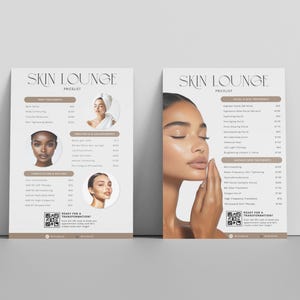 Puede incluir: Dos listas de precios de cuidado de la piel tituladas "Skin Lounge" con imágenes de mujeres. La lista de la izquierda presenta "Tratamientos corporales" y "Consultas y complementos". La lista de la derecha detalla "Tratamientos faciales y de la piel" y "Tratamientos avanzados de la piel".