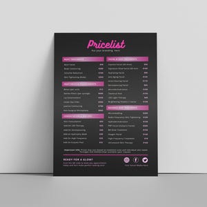 Plantilla de lista de precios de esteticista editable en rosa para imprimir con código QR, señal de pago, menú de servicios para clínica de belleza estética, descarga instantánea