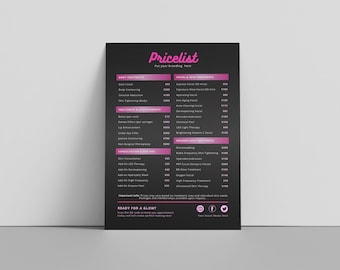 Esthetician price list template editable pink printable with QR code payment sign service menu for esthetic beauty clinic instant download
