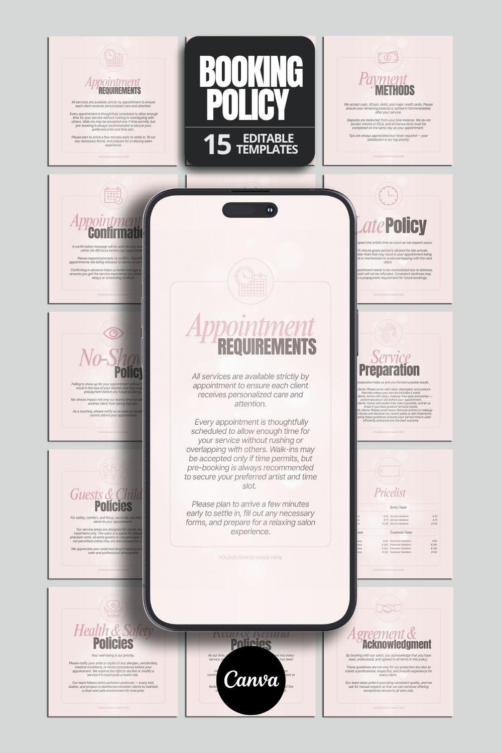 Editable Policy Templates Canva Design Hair Stylist Booking Policy Lash ...