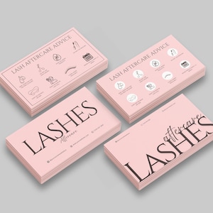 Puede incluir: Tarjetas de visita rosas con las palabras "LASHES Aftercare" y "LASH AFTERCARE ADVICE" impresas en negro. Las tarjetas presentan iconos relacionados con el cuidado de pestañas. Las tarjetas están apiladas en cuatro montones.