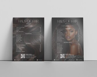 May include: Two dark gray price lists for a hair salon, titled "HAUS OF HAIR." One features a woman's portrait. The lists detail haircuts, styling, color services, treatments, and additional services. QR codes are included for booking appointments.
