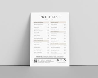 Plantilla de lista de precios bohemia editable para tecnología de uñas, letrero de pago QR, guía de precios imprimible, hoja de precios editable, plantilla de lista de precios de bricolaje para salón