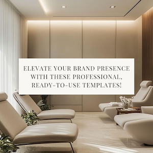 Może przedstawiać: Minimalistyczne wnętrze z beżowymi ścianami, białymi krzesłami i nakładką tekstową, kt&oacute;ra brzmi "ELEVATE YOUR BRAND PRESENCE WITH THESE PROFESSIONAL, READY-TO-USE TEMPLATES!"