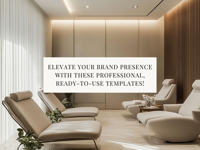 Może przedstawiać: Minimalistyczne wnętrze z beżowymi ścianami, białymi krzesłami i nakładką tekstową, kt&oacute;ra brzmi "ELEVATE YOUR BRAND PRESENCE WITH THESE PROFESSIONAL, READY-TO-USE TEMPLATES!"