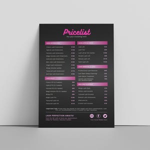 Lista de precios editable para técnicos de pestañas, menú de servicios de salón rosa con opción de pago QR, guía de precios imprimible para spas y salones de belleza DIY