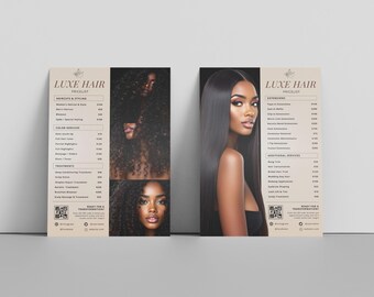 May include: Two beige Luxe Hair pricelist flyers. One features images of a woman with curly hair, the other a woman with straight hair. Services include haircuts, color, and extensions.