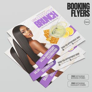 May include: A stack of promotional flyers for a salon, featuring a woman with long black hair. The flyers have a purple and white colour scheme with the words "Sunday Brunch" and "Salon Anniversary Celebration!" printed on them. The flyers also advertise free Instagram booking stories.
