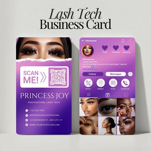 Könnte beinhalten: Eine Visitenkarte und ein Mockup eines Telefonbildschirms für ein Wimperntechnik-Unternehmen. Die Karte ist lila mit dem Text "Princess Joy, Professional Lash Tech" und Kontaktinformationen. Der Telefonbildschirm zeigt ein Profil mit einer Schaltfläche zum Folgen und ein Raster von Wimpernfotos.