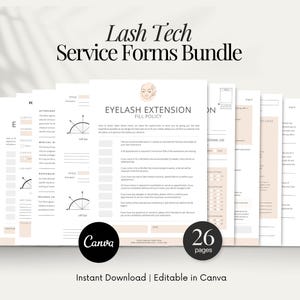 Op de afbeelding: Een bundel van 26 afdrukbare formulieren voor wimpertechniekdiensten. De formulieren bevatten secties voor aanwezigheid, medische geschiedenis en invulbeleid. De formulieren zijn in een neutraal kleurenpalet.