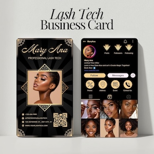 May include: A business card and a phone screen for a lash tech business. The card features the name "Mary Ana" and a photo. The phone screen shows a profile with a photo and contact options.