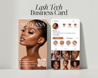 May include: A business card and a phone screen mockup for a lash tech business. The card features a woman with dramatic eye makeup, the text "MARY ANA PROFESSIONAL LASH TECH", and contact information. The phone screen shows a social media profile with photos and contact options.