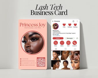 May include: A business card and a phone screen mockup for a lash tech business. The card is peach with the text "Princess Joy, Professional Lash Tech" and a photo of a woman's face. The phone screen shows a social media profile.