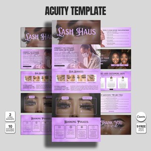 May include: Aesthetic design template for a lash studio, featuring a soft purple color scheme. The design includes the text "Lash Haus", service details, customer testimonials, booking policies, and a thank you message. The template is designed for 2 long banners and 10 editable banners.