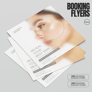 Op de afbeelding: Stapel flyers met de tekst "ONTHUL JE MOOISTE HUID" en "BOEK VANDAAG JE AFSPRAAK". De flyers tonen een close-up van het gezicht van een persoon. De woorden "BOEKINGSFLYERS" staan bovenaan.