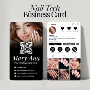 Modèle de carte de visite Instagram pour Nail Tech, carte de salon modifiable en toile avec code QR, image de marque de l'artiste ongulaire, téléchargement numérique