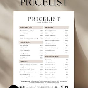 An esthetician service pricelist template featuring neatly organized sections for Facials, Waxing, Body Treatments, and Skincare Add-ons. Services include classic facials, dermaplaning, chemical peels, full-body waxing, and hydrating masks, with prices ranging from $15 to $150. The design is clean and calming, often using neutral tones. A QR code and social media icons appear at the bottom for booking and contact.