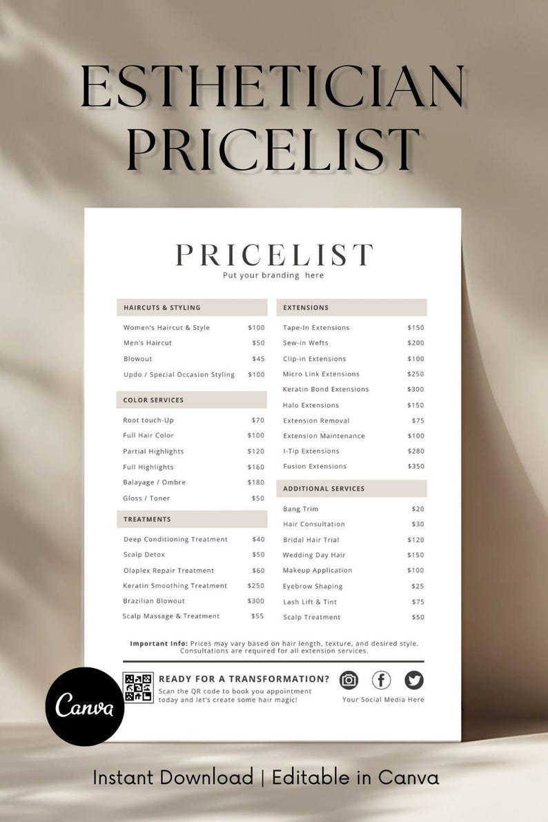 An esthetician service pricelist template featuring neatly organized sections for Facials, Waxing, Body Treatments, and Skincare Add-ons. Services include classic facials, dermaplaning, chemical peels, full-body waxing, and hydrating masks, with prices ranging from $15 to $150. The design is clean and calming, often using neutral tones. A QR code and social media icons appear at the bottom for booking and contact.