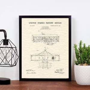 May include: A black and white patent drawing for a flying machine, dated May 23, 1905. The drawing shows a detailed design of the machine with wings, a propeller, and a rudder. The patent number is 802,885. The text "UNITED STATES PATENT OFFICE" is at the top of the drawing.