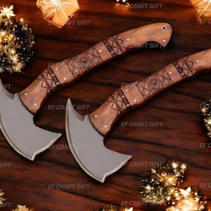 Set of 2 Hand Forged Viking Axes  Engraved Throwing Tomahawks with Leather Sheath Tactical Battle Hatchets for Hunting Camping Gifts For him