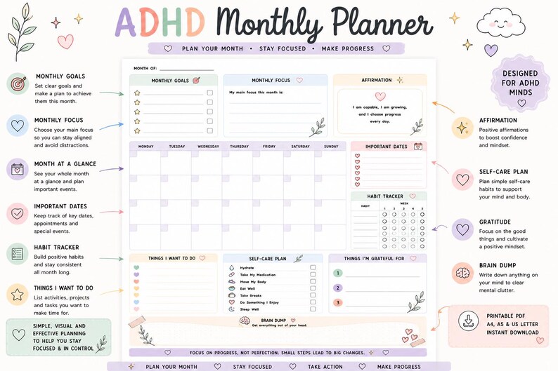 ADHD Planner Bundle: Daily, Weekly and Monthly Printable Pdfs - Etsy