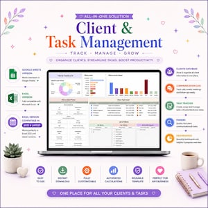 May include: A digital client and task management system displayed on a laptop screen, featuring a dashboard with charts, client status, and task details. The interface includes sections for Google Sheets and Excel compatibility, plus icons for database, communication, and tracking tools.