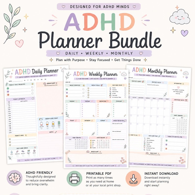 ADHD Planner Bundle: Daily, Weekly and Monthly Printable Pdfs - Etsy