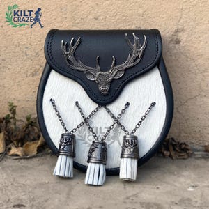 Stag Head Sporran for Kilts | Traditional Leather Sporran | Scottish Kilt Sporran with 3 Tassels | White Fur Highland Dress Sporran