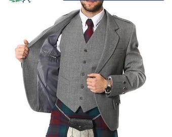 Schotse grijze argyll-kiltjas met 5-knoops vest, wollen argyle-jas voor heren Highland-trouwjas