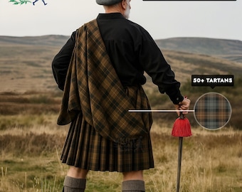 Peut inclure: Une personne porte un grand kilt écossais à carreaux marron et vert. L'image comprend le texte "Scottish Great Kilt" et "50+ Tartans". La personne tient un bâton de marche écossais traditionnel avec un pompon rouge.