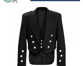 Prince Charlie Jacket with 3 Button Vest Men's Scottish Wedding Kilt Jacket & Waistcoat in Multiple Colors