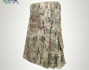 Könnte beinhalten: Ein Tarnkilt mit Falten und einer großen Cargo-Tasche an der Seite. Der Kilt ist aus strapazierfähigem, wasserabweisendem Stoff.