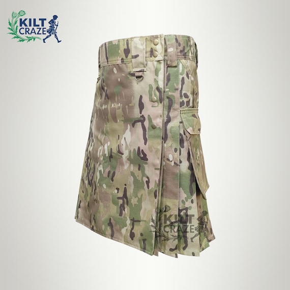 Men's Camo Utility Kilt: Handmade Cotton Cargo Pockets Tactical