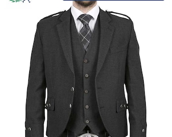 Houtskoolgrijze Argyll-kiltjas met 5 knopenvest, Schotse trouwjas, argylewollen jas voor heren