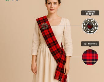 Highland Clan Tartan Sash Traditional Scottish Tartan Women Wedding Sash Custom Tartan Plaids Ladies Sash in 50+ Tartans and 11”x90” Size